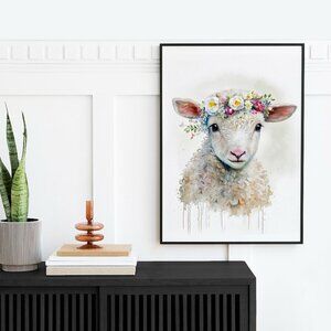 16x20 Baby‎ Lamb Floral Crown Portrait Watercolor Oil Painting Art Poster